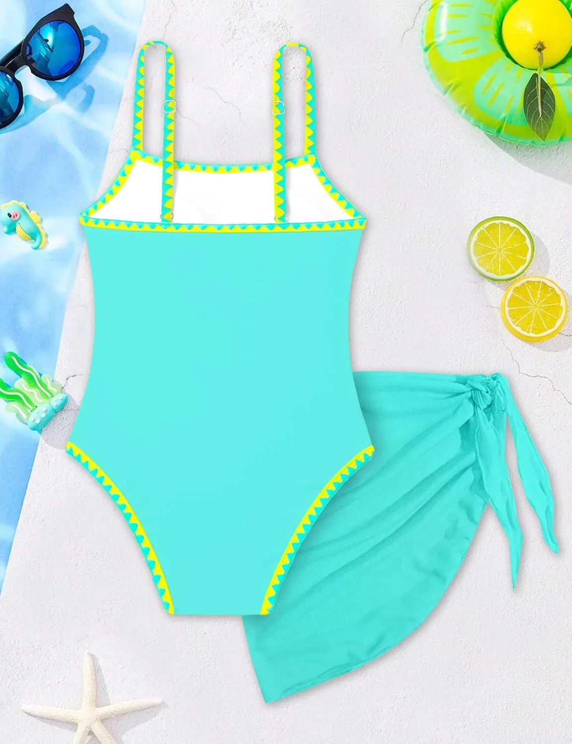 WIQI Girls Swimsuit One Piece Bathing Suit Color Contrast Trim Girls' Swimwear with Cover Up Skirt Size 9-16