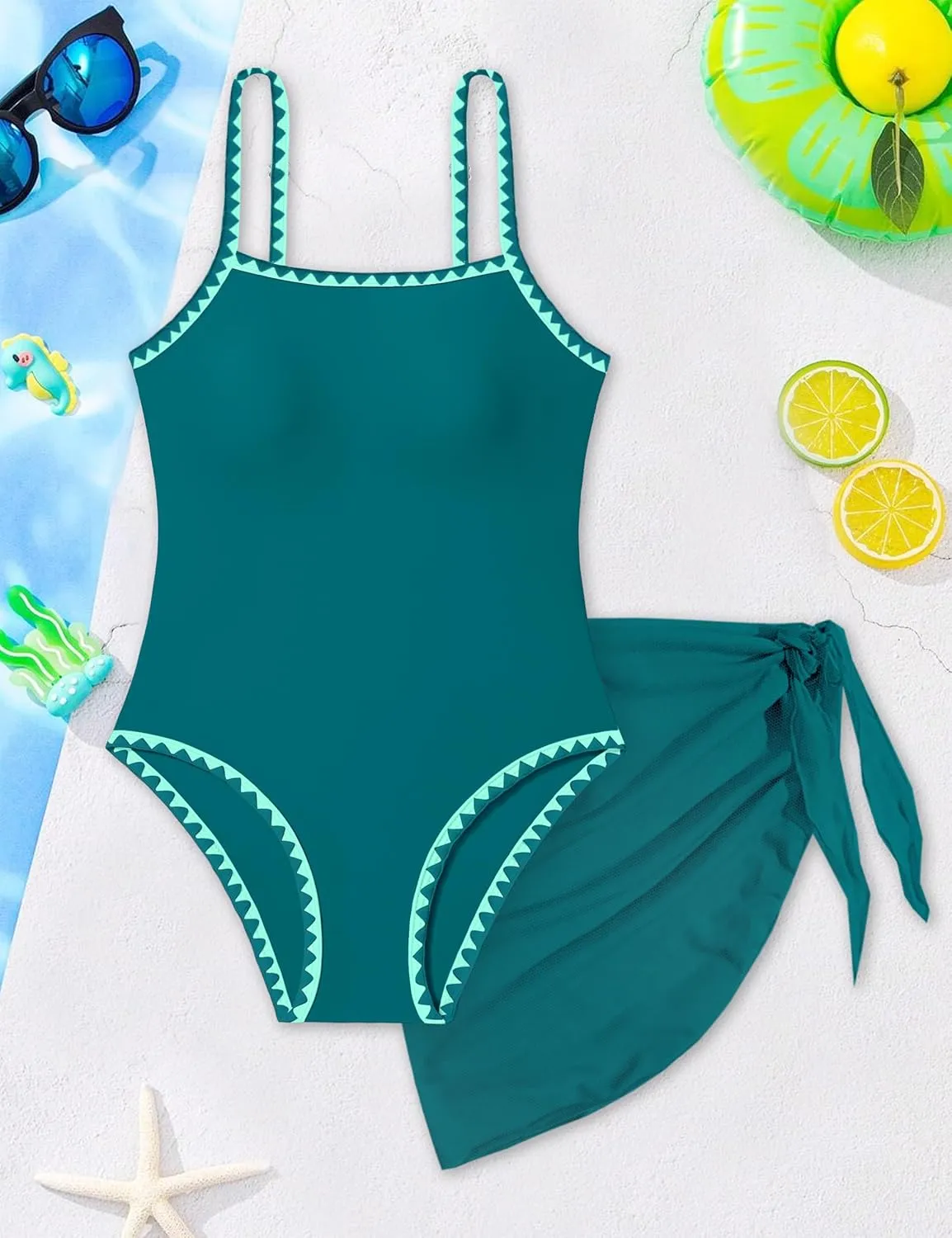WIQI Girls Swimsuit One Piece Bathing Suit Color Contrast Trim Girls' Swimwear with Cover Up Skirt Size 9-16