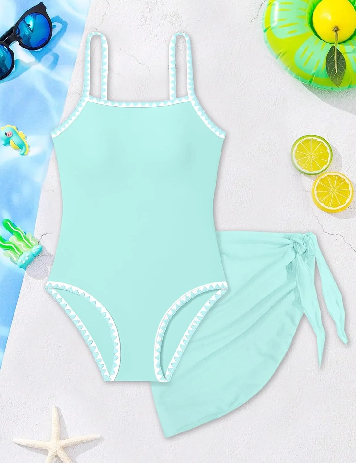 WIQI Girls Swimsuit One Piece Bathing Suit Color Contrast Trim Girls' Swimwear with Cover Up Skirt Size 9-16
