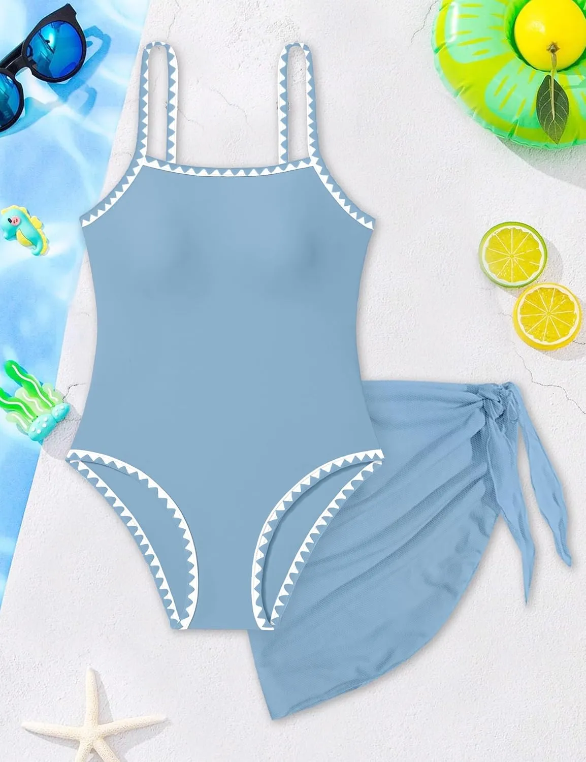 WIQI Girls Swimsuit One Piece Bathing Suit Color Contrast Trim Girls' Swimwear with Cover Up Skirt Size 9-16