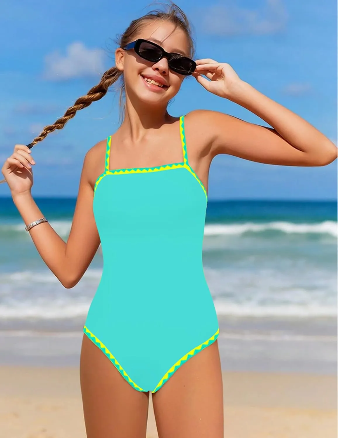 WIQI Girls Swimsuit One Piece Bathing Suit Color Contrast Trim Girls' Swimwear with Cover Up Skirt Size 9-16