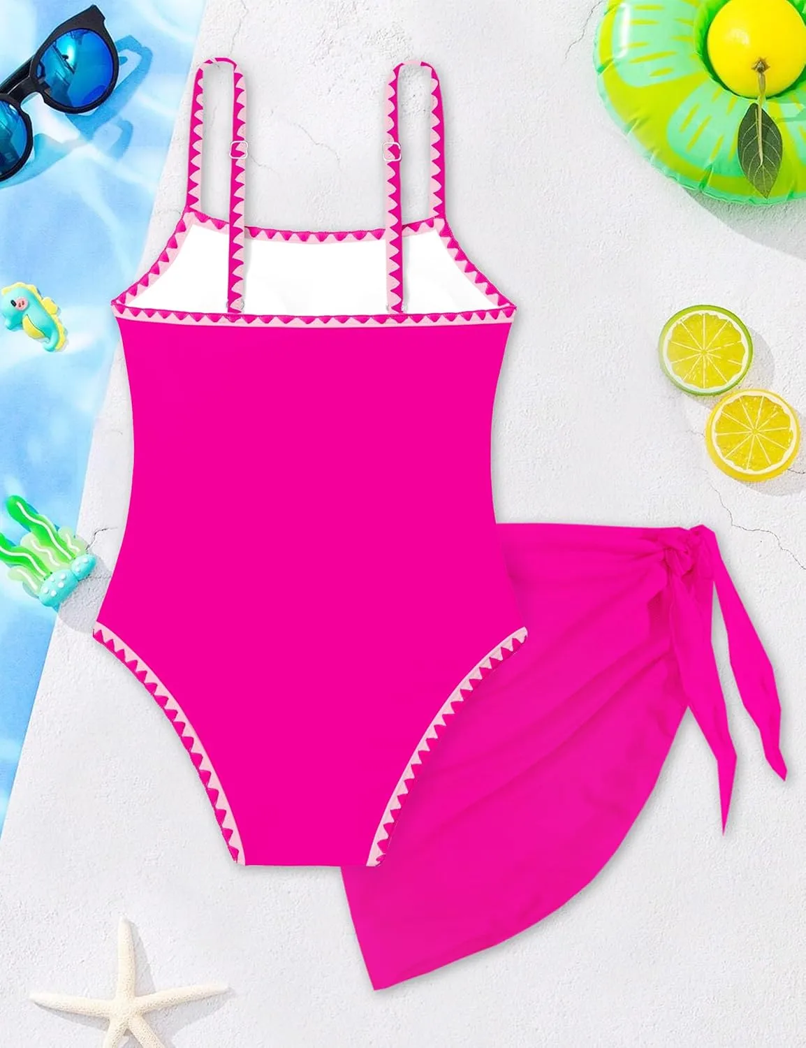 WIQI Girls Swimsuit One Piece Bathing Suit Color Contrast Trim Girls' Swimwear with Cover Up Skirt Size 9-16