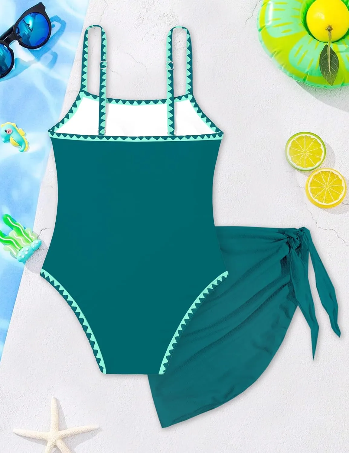 WIQI Girls Swimsuit One Piece Bathing Suit Color Contrast Trim Girls' Swimwear with Cover Up Skirt Size 9-16