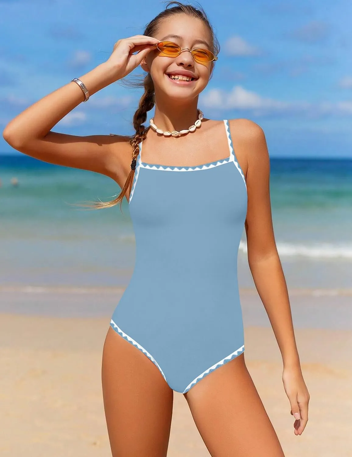 WIQI Girls Swimsuit One Piece Bathing Suit Color Contrast Trim Girls' Swimwear with Cover Up Skirt Size 9-16