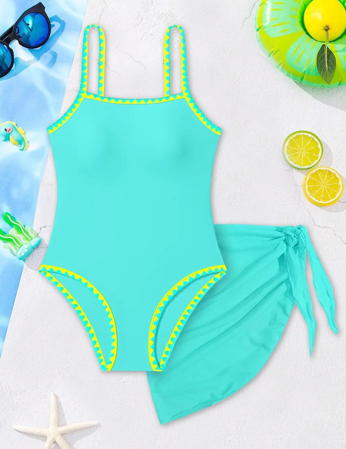 WIQI Girls Swimsuit One Piece Bathing Suit Color Contrast Trim Girls' Swimwear with Cover Up Skirt Size 9-16