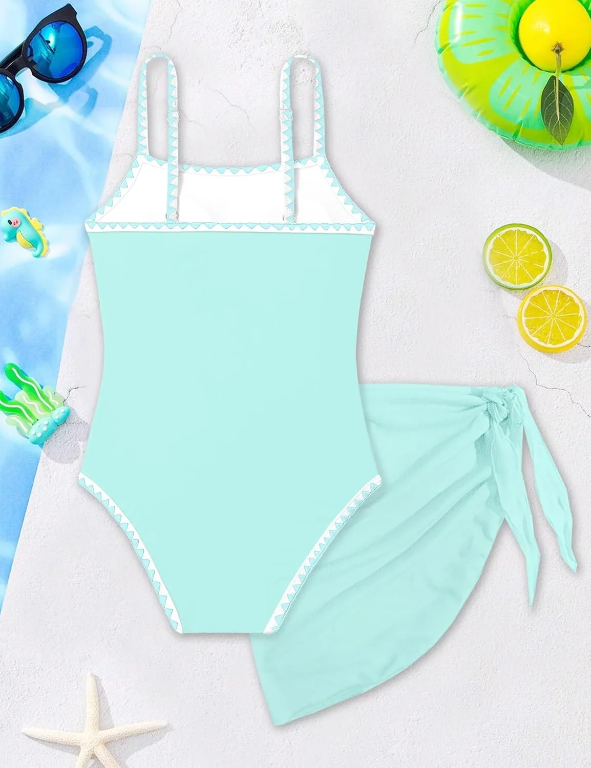 WIQI Girls Swimsuit One Piece Bathing Suit Color Contrast Trim Girls' Swimwear with Cover Up Skirt Size 9-16