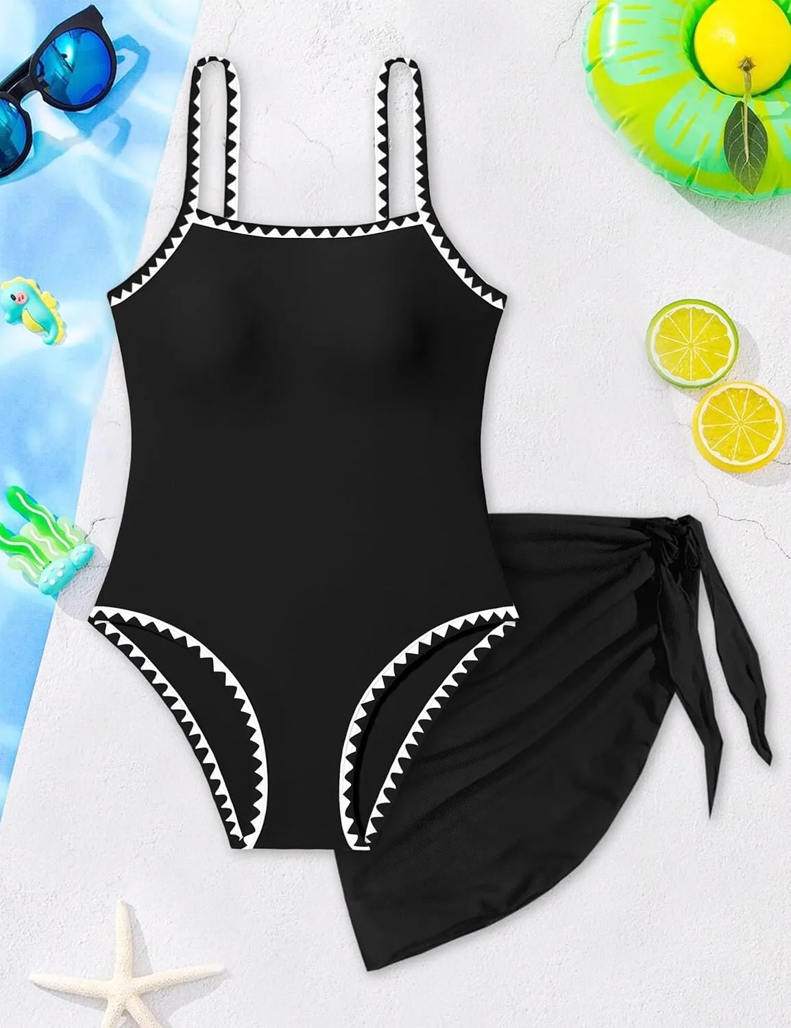 WIQI Girls Swimsuit One Piece Bathing Suit Color Contrast Trim Girls' Swimwear with Cover Up Skirt Size 9-16