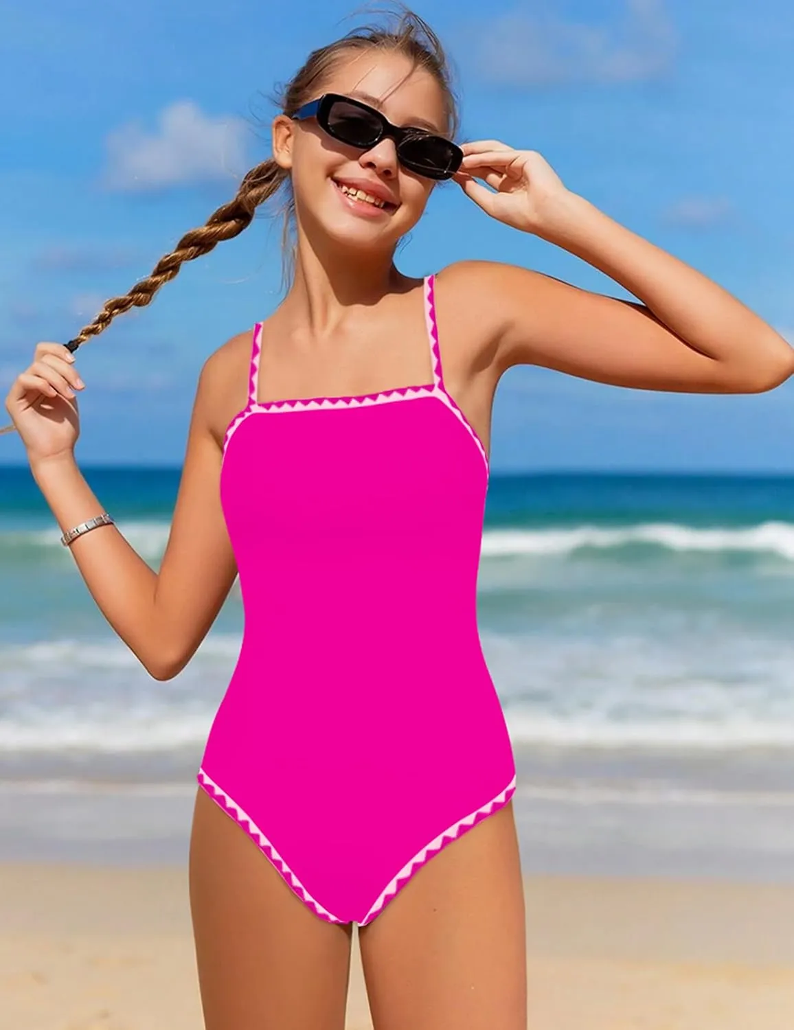 WIQI Girls Swimsuit One Piece Bathing Suit Color Contrast Trim Girls' Swimwear with Cover Up Skirt Size 9-16