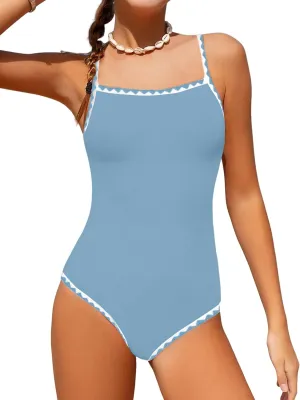 WIQI Girls Swimsuit One Piece Bathing Suit Color Contrast Trim Girls' Swimwear with Cover Up Skirt Size 9-16