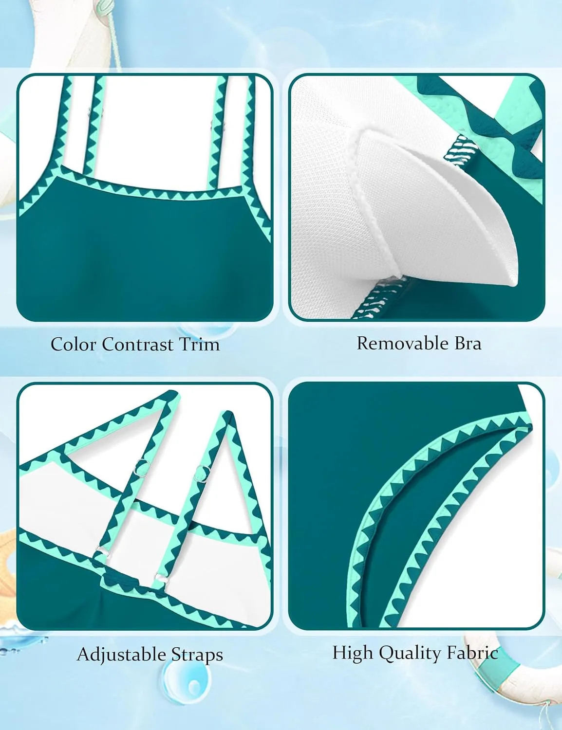 WIQI Girls Swimsuit One Piece Bathing Suit Color Contrast Trim Girls' Swimwear with Cover Up Skirt Size 9-16