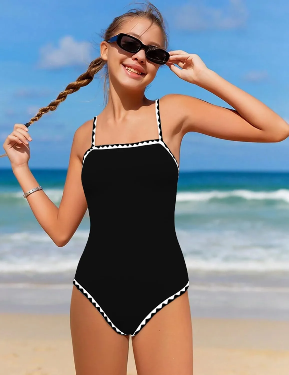 WIQI Girls Swimsuit One Piece Bathing Suit Color Contrast Trim Girls' Swimwear with Cover Up Skirt Size 9-16