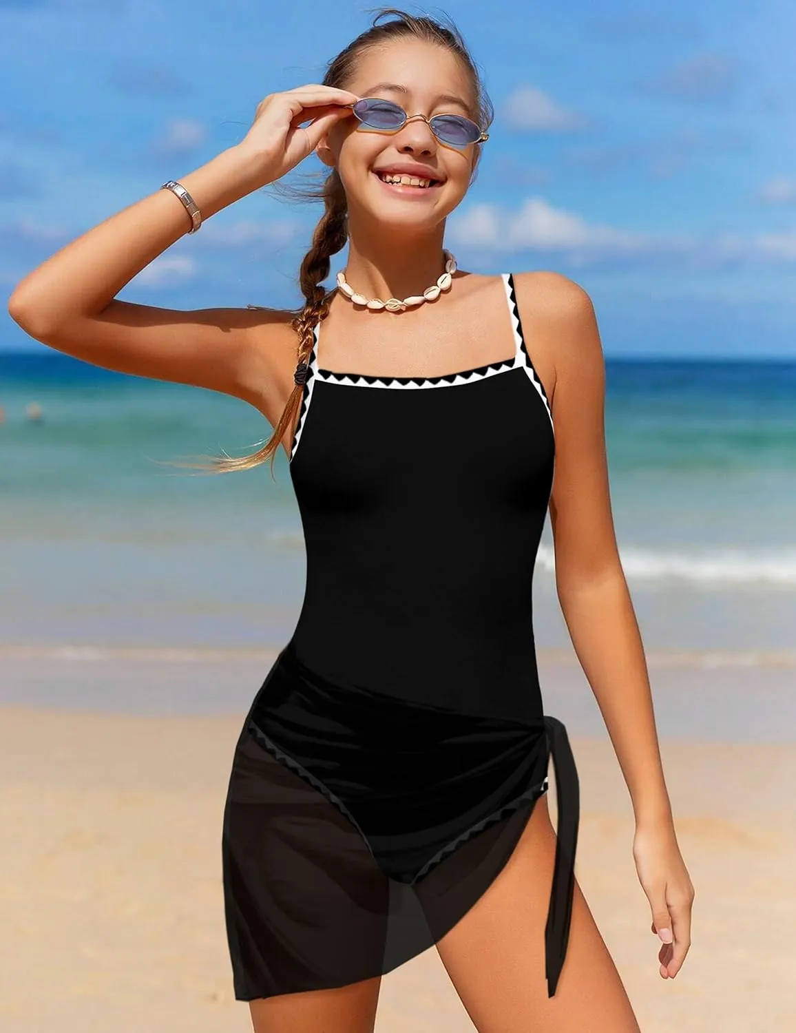 WIQI Girls Swimsuit One Piece Bathing Suit Color Contrast Trim Girls' Swimwear with Cover Up Skirt Size 9-16