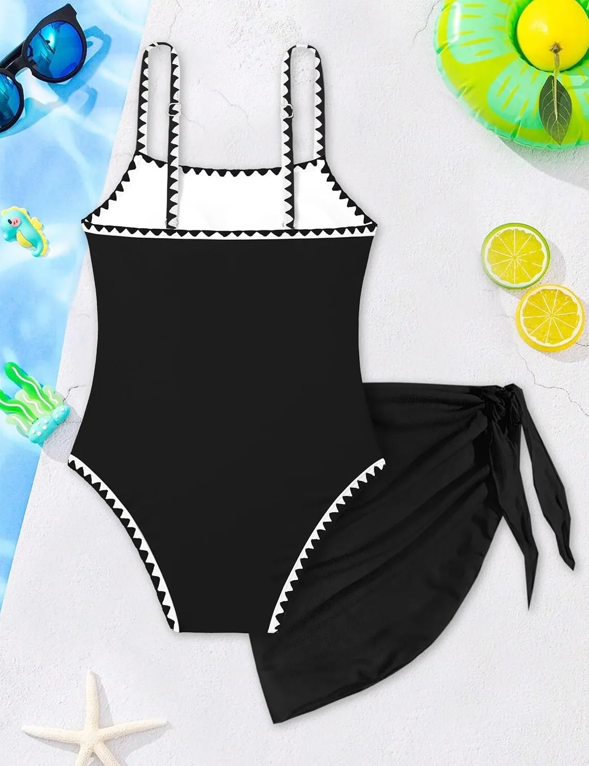 WIQI Girls Swimsuit One Piece Bathing Suit Color Contrast Trim Girls' Swimwear with Cover Up Skirt Size 9-16