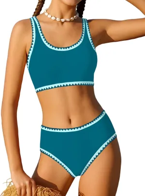 WIQI Girls Swimsuits Bikini Set 2 Piece Bathing Suit Color Contrast Trim Swimwear Size 7-16