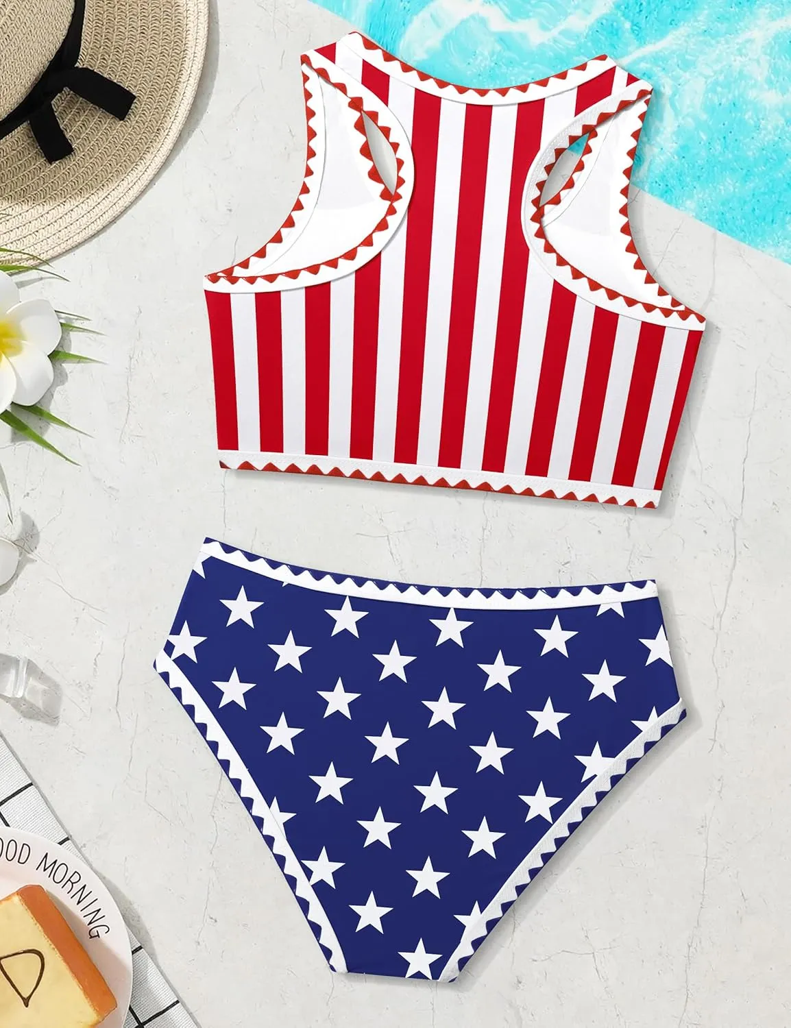 WIQI Girls Swimsuits Bikini Set 2 Piece Bathing Suit Color Contrast Trim Swimwear Size 7-16