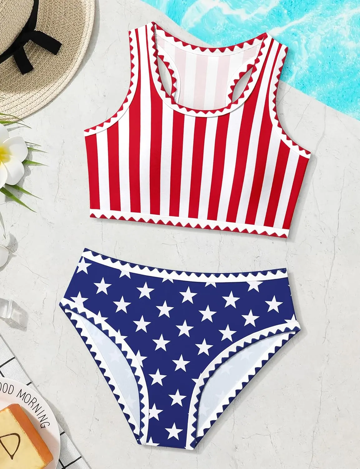 WIQI Girls Swimsuits Bikini Set 2 Piece Bathing Suit Color Contrast Trim Swimwear Size 7-16