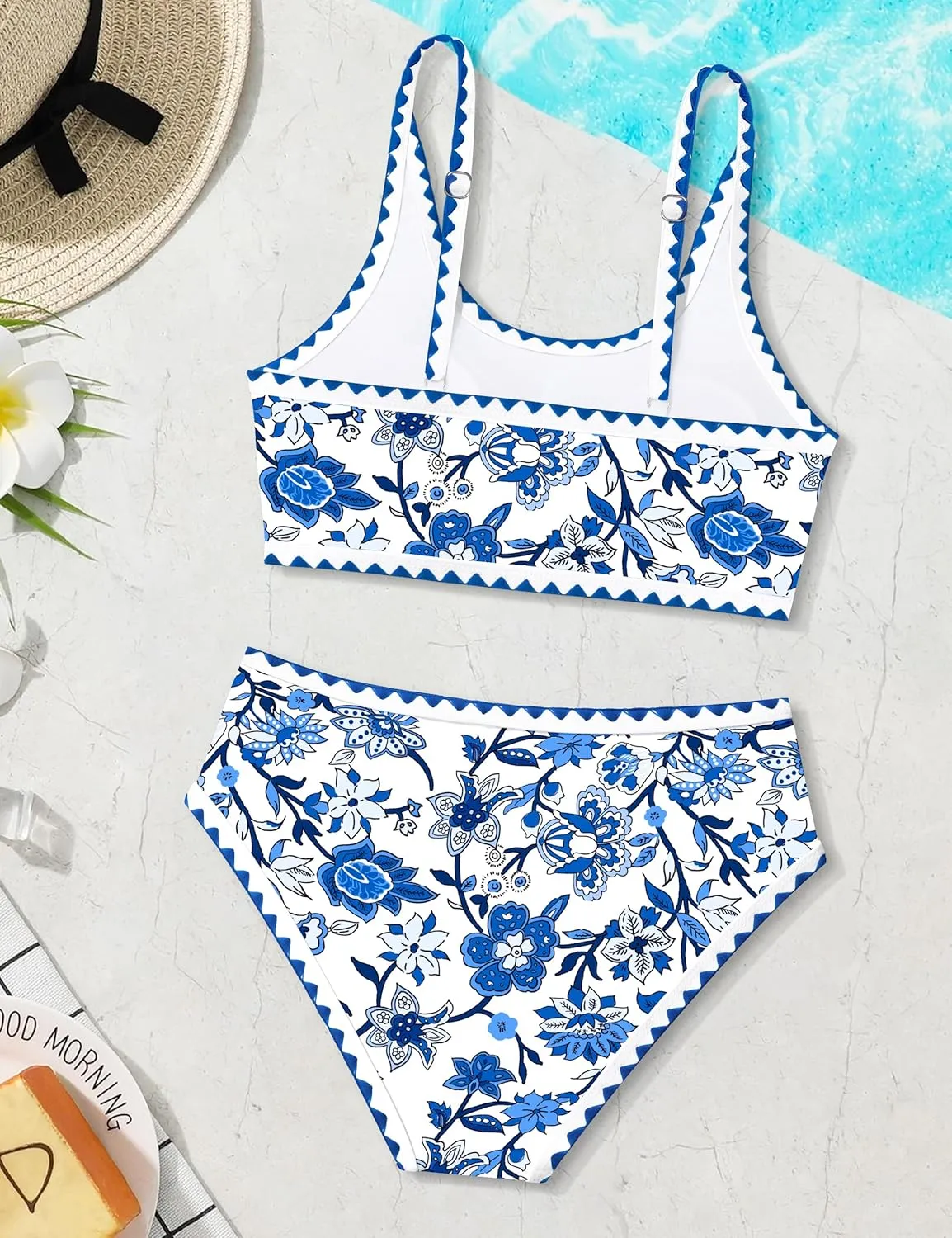 WIQI Girls Swimsuits Bikini Set 2 Piece Bathing Suit Color Contrast Trim Swimwear Size 7-16