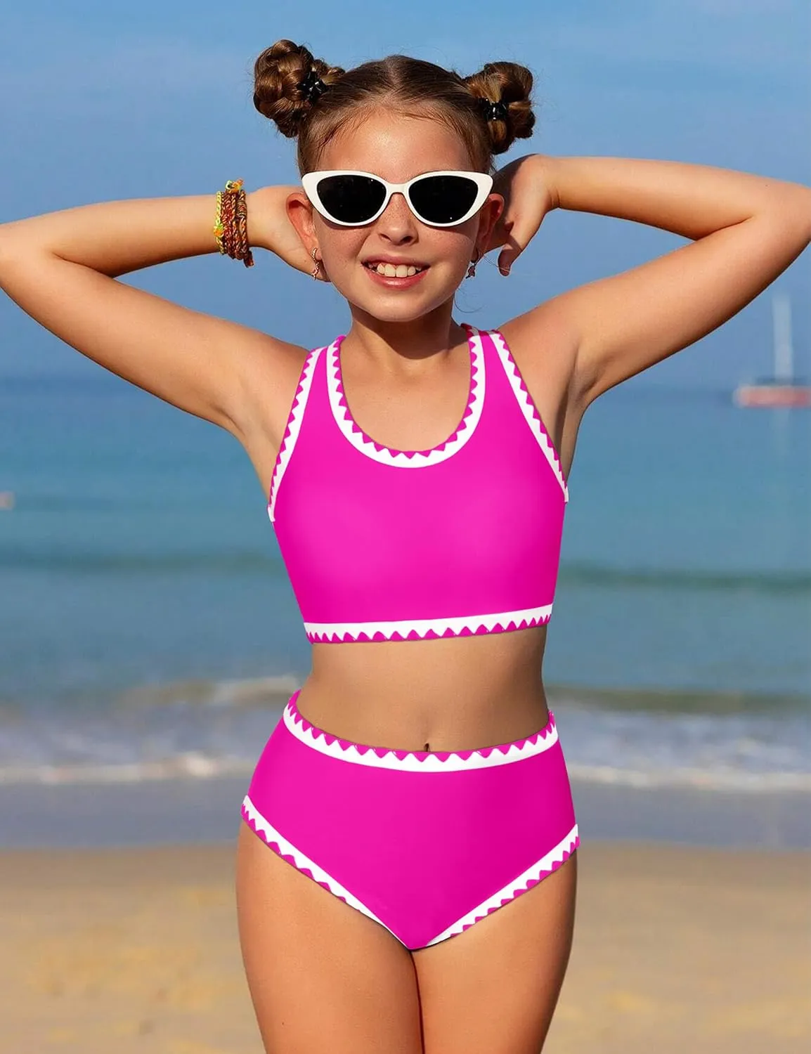 WIQI Girls Swimsuits Bikini Set 2 Piece Bathing Suit Color Contrast Trim Swimwear Size 7-16