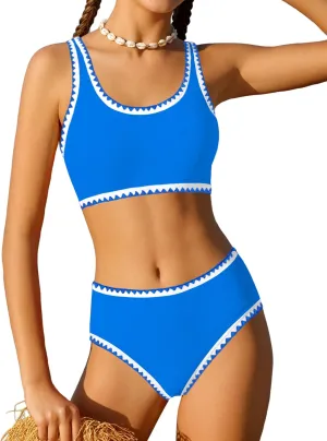 WIQI Girls Swimsuits Bikini Set 2 Piece Bathing Suit Color Contrast Trim Swimwear Size 7-16