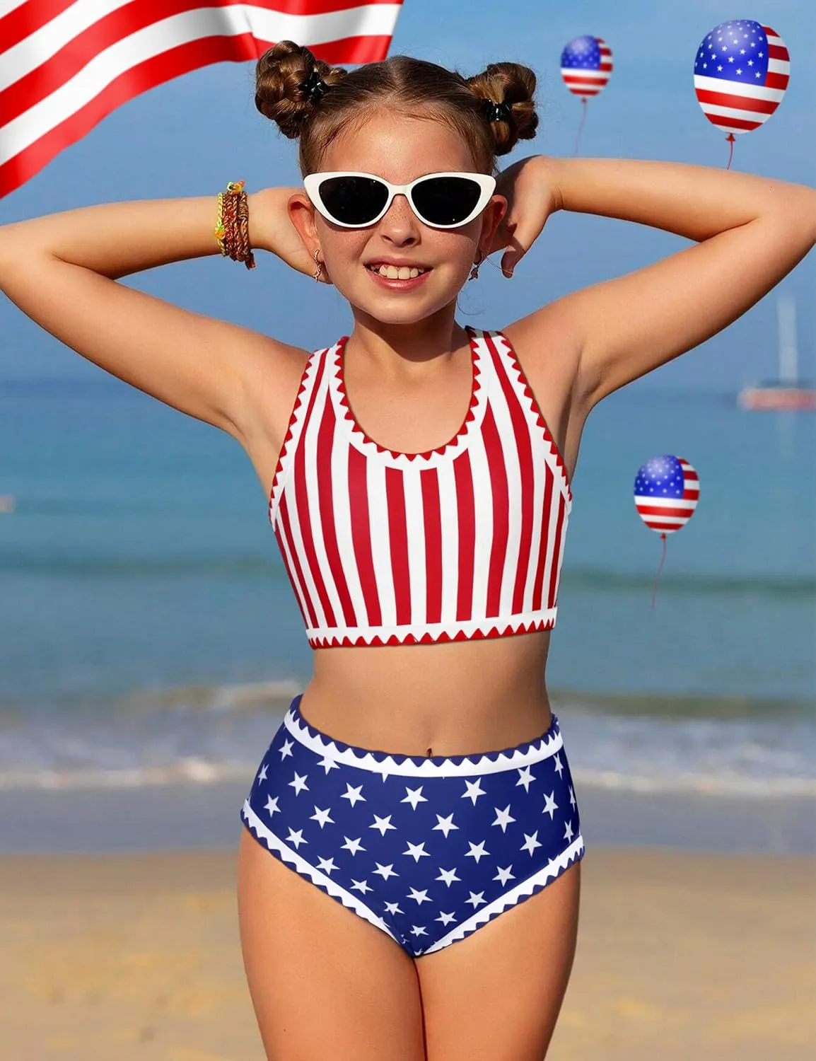 WIQI Girls Swimsuits Bikini Set 2 Piece Bathing Suit Color Contrast Trim Swimwear Size 7-16