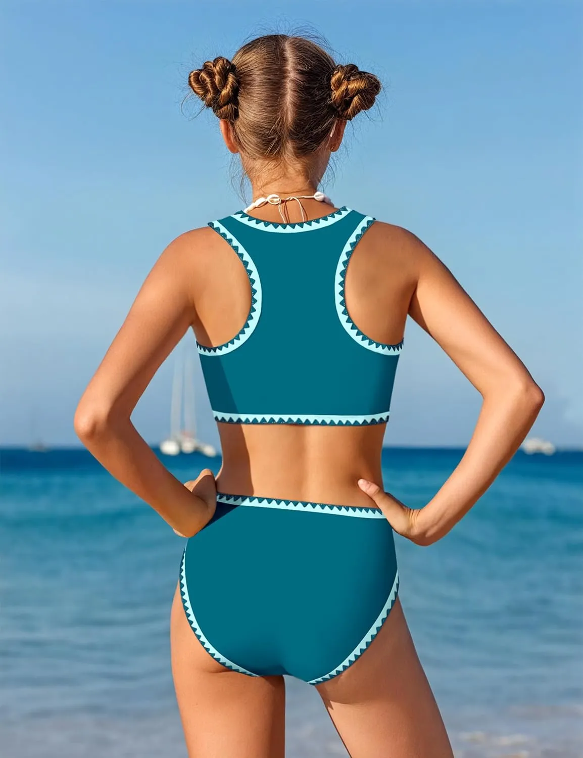 WIQI Girls Swimsuits Bikini Set 2 Piece Bathing Suit Color Contrast Trim Swimwear Size 7-16