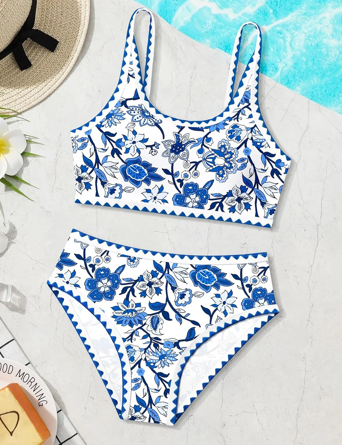 WIQI Girls Swimsuits Bikini Set 2 Piece Bathing Suit Color Contrast Trim Swimwear Size 7-16