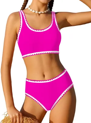 WIQI Girls Swimsuits Bikini Set 2 Piece Bathing Suit Color Contrast Trim Swimwear Size 7-16