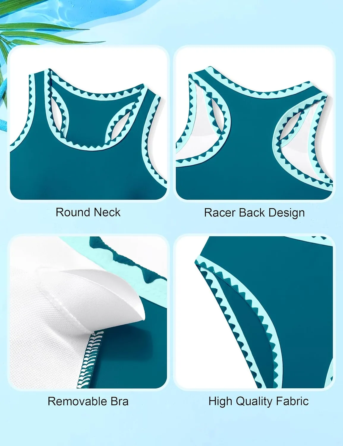 WIQI Girls Swimsuits Bikini Set 2 Piece Bathing Suit Color Contrast Trim Swimwear Size 7-16