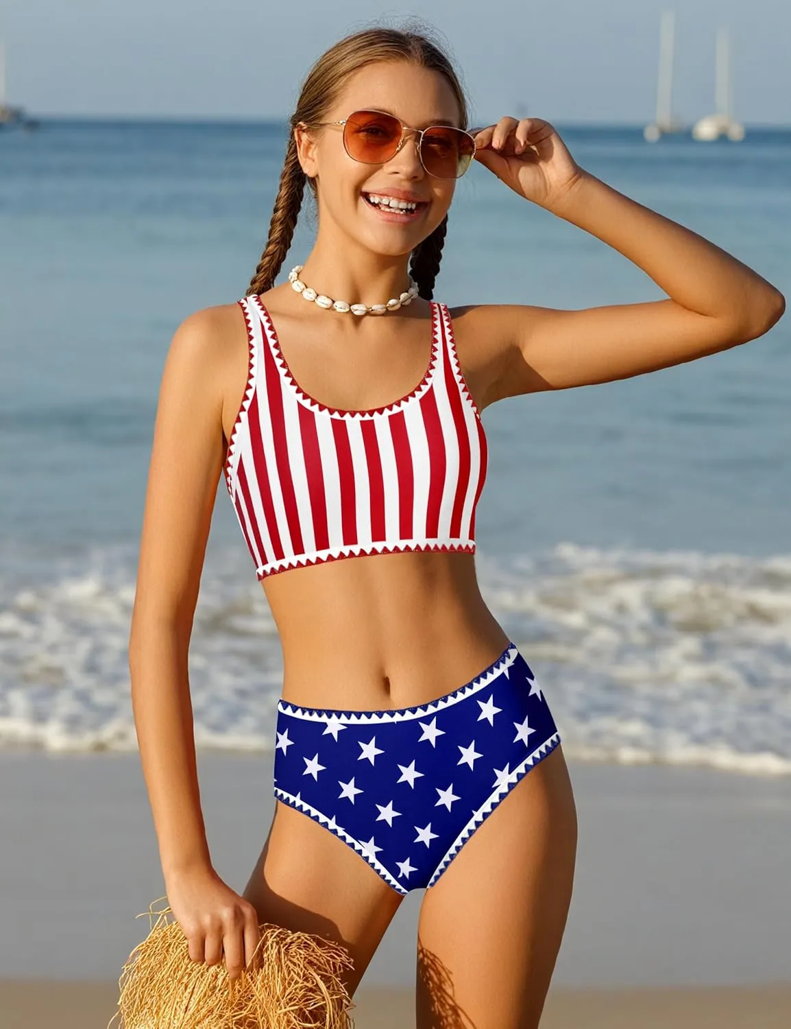 WIQI Girls Swimsuits Bikini Set 2 Piece Bathing Suit Color Contrast Trim Swimwear Size 7-16
