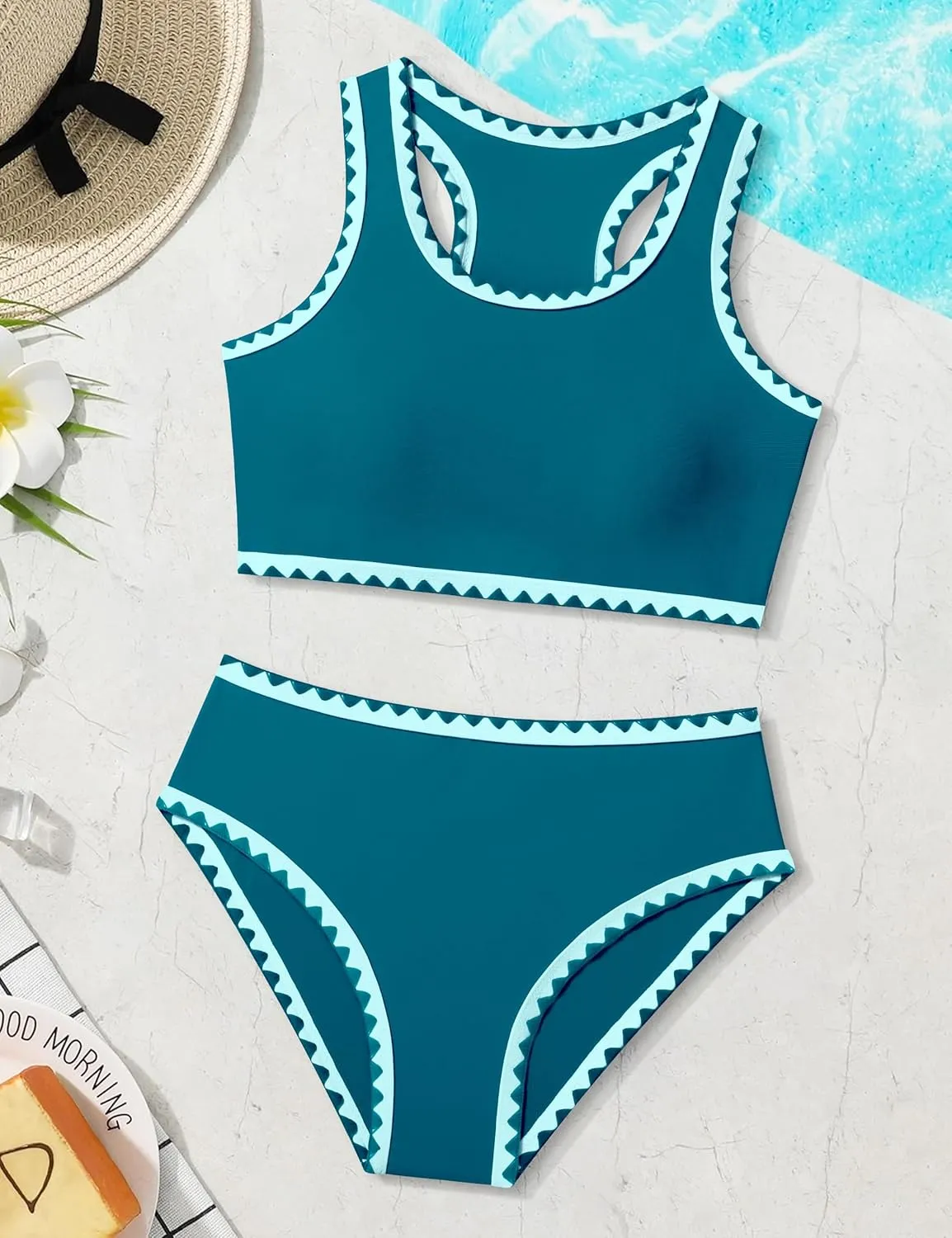 WIQI Girls Swimsuits Bikini Set 2 Piece Bathing Suit Color Contrast Trim Swimwear Size 7-16