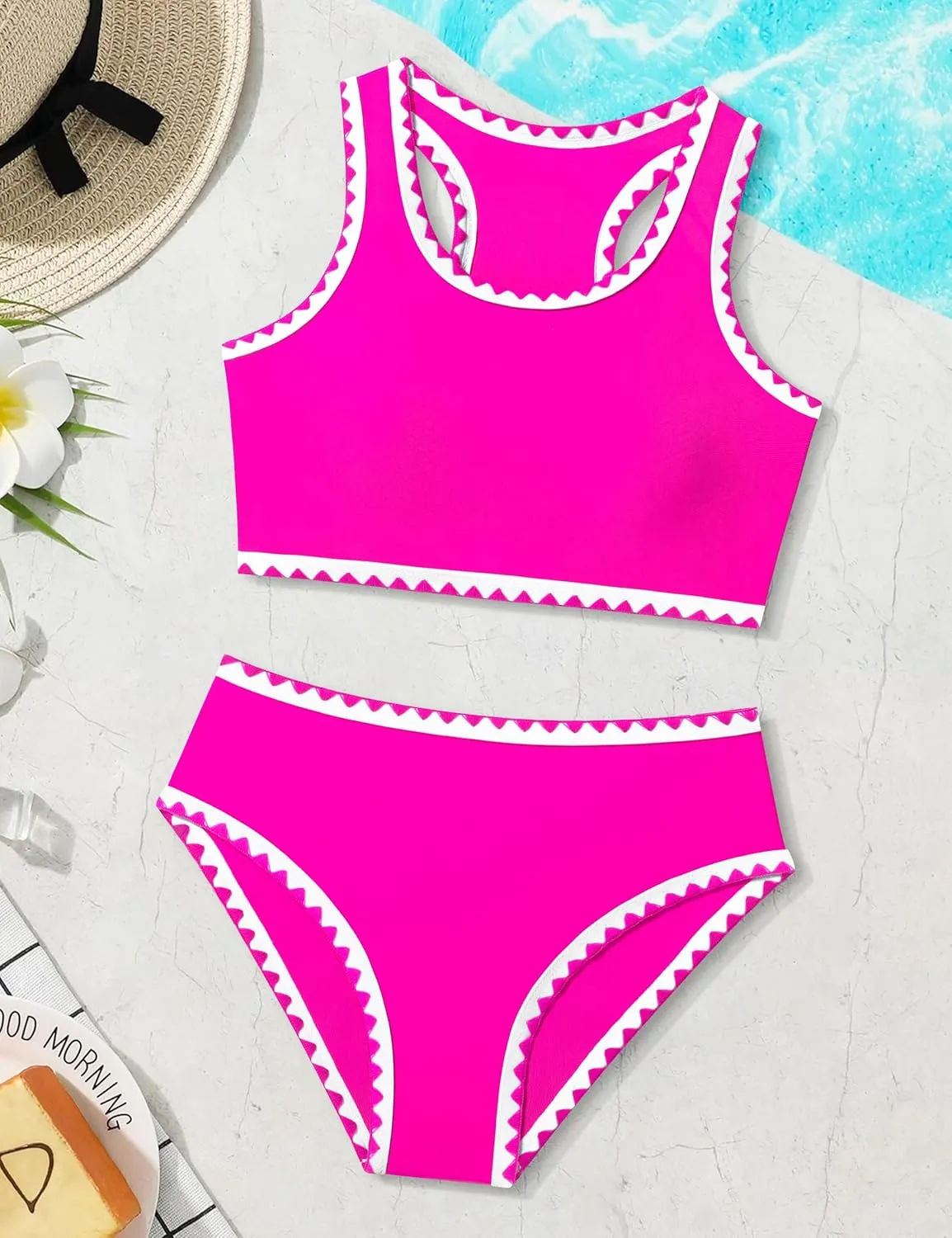 WIQI Girls Swimsuits Bikini Set 2 Piece Bathing Suit Color Contrast Trim Swimwear Size 7-16