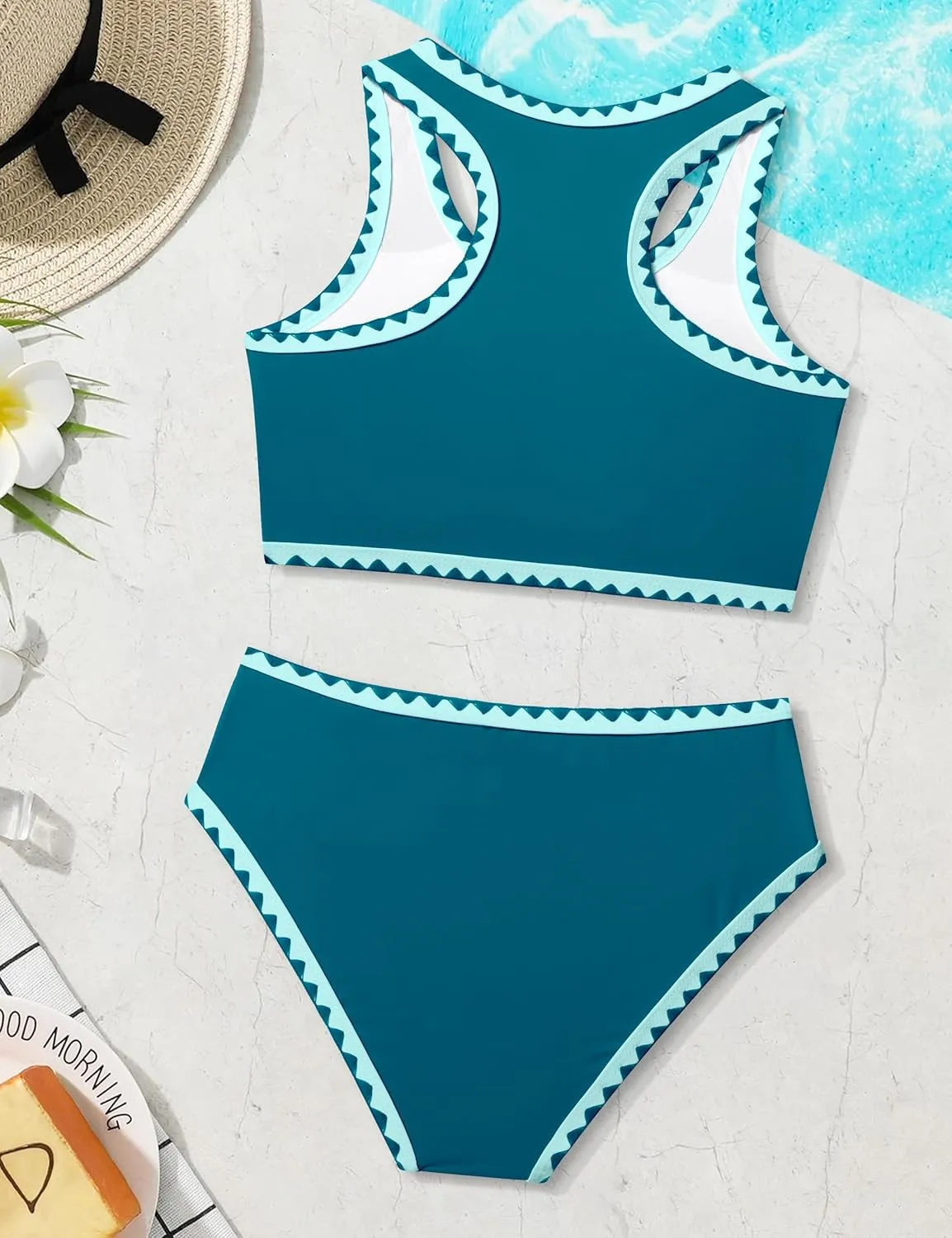 WIQI Girls Swimsuits Bikini Set 2 Piece Bathing Suit Color Contrast Trim Swimwear Size 7-16