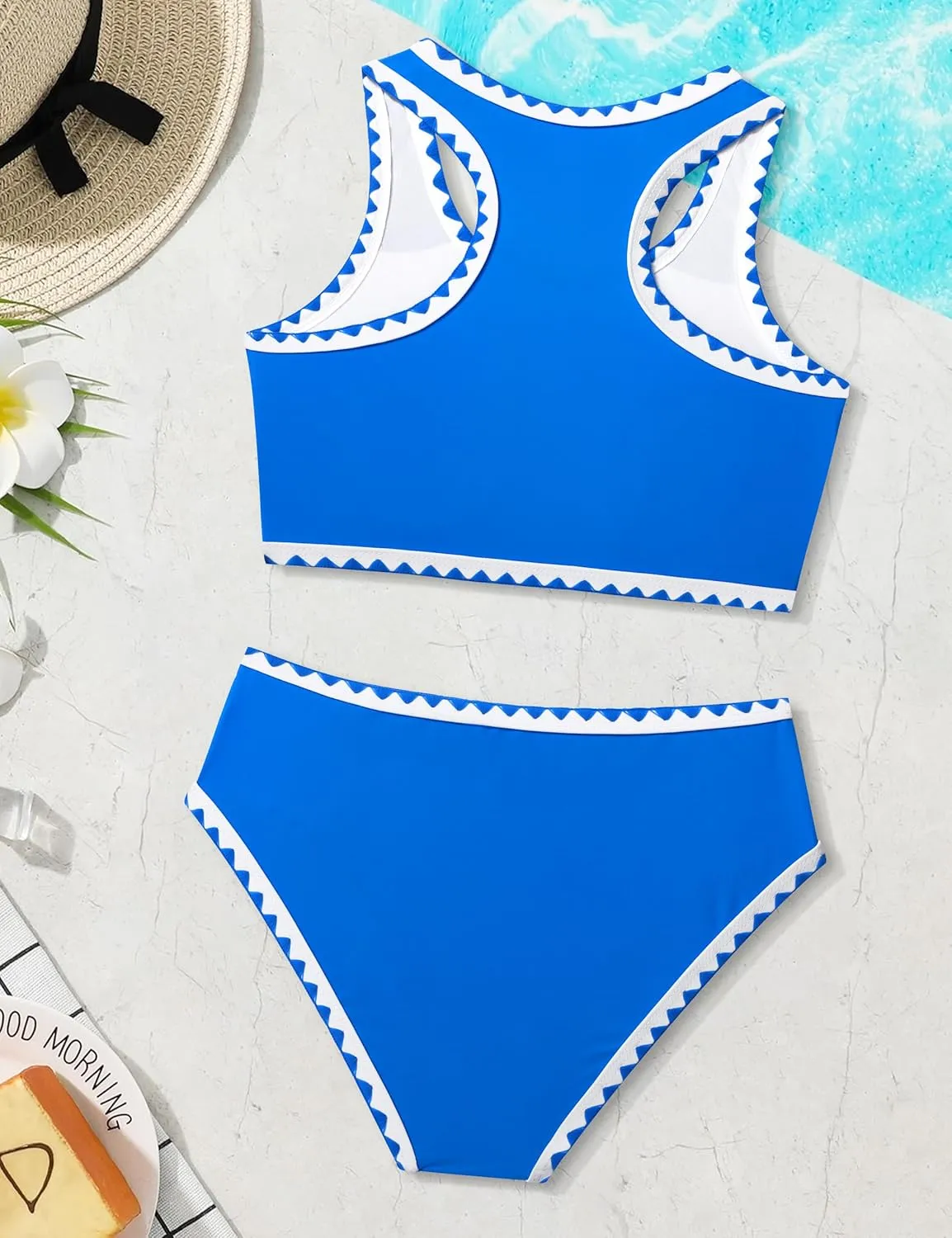 WIQI Girls Swimsuits Bikini Set 2 Piece Bathing Suit Color Contrast Trim Swimwear Size 7-16