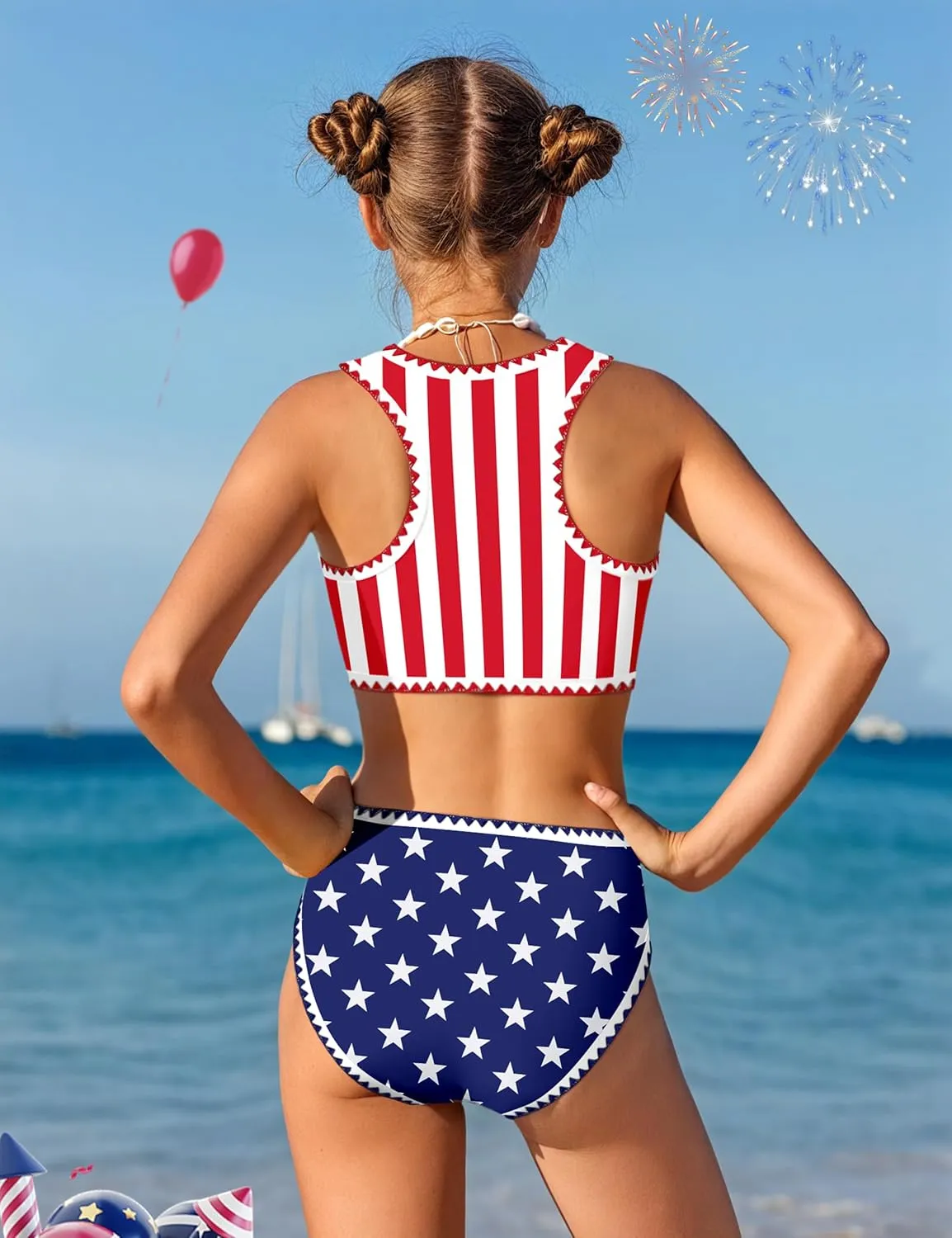 WIQI Girls Swimsuits Bikini Set 2 Piece Bathing Suit Color Contrast Trim Swimwear Size 7-16