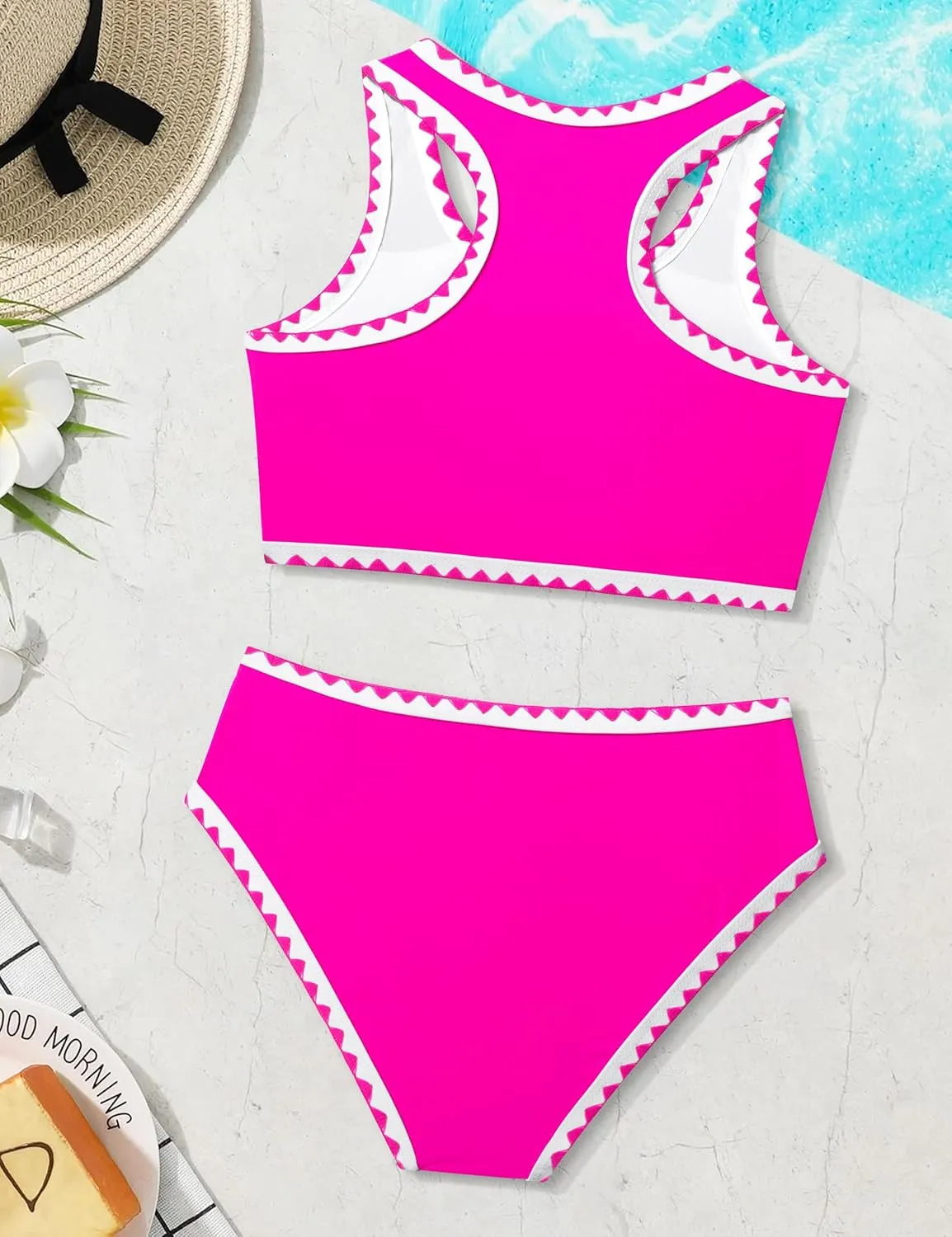 WIQI Girls Swimsuits Bikini Set 2 Piece Bathing Suit Color Contrast Trim Swimwear Size 7-16