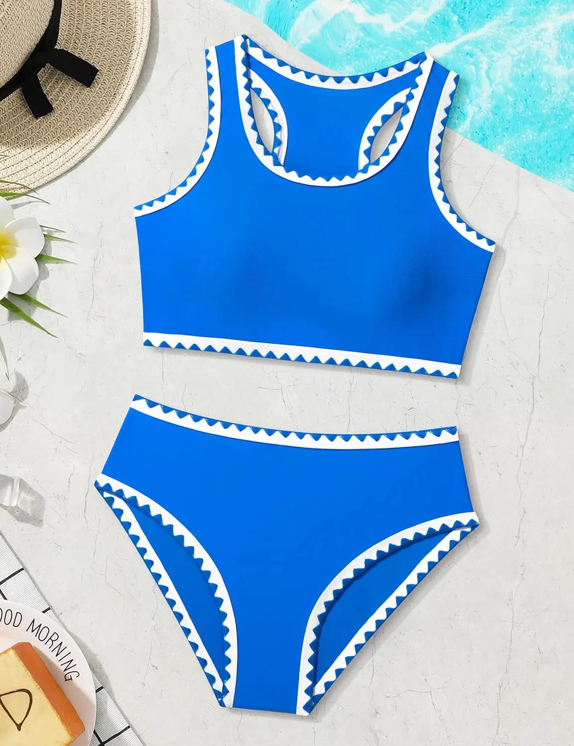 WIQI Girls Swimsuits Bikini Set 2 Piece Bathing Suit Color Contrast Trim Swimwear Size 7-16