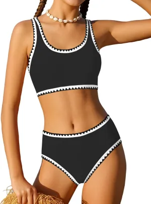 WIQI Girls Swimsuits Bikini Set 2 Piece Bathing Suit Color Contrast Trim Swimwear Size 7-16