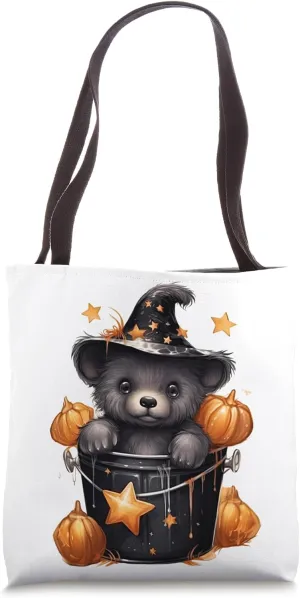 Witch Bear In Black Halloween Bucket For Trick And Treat Tote Bag