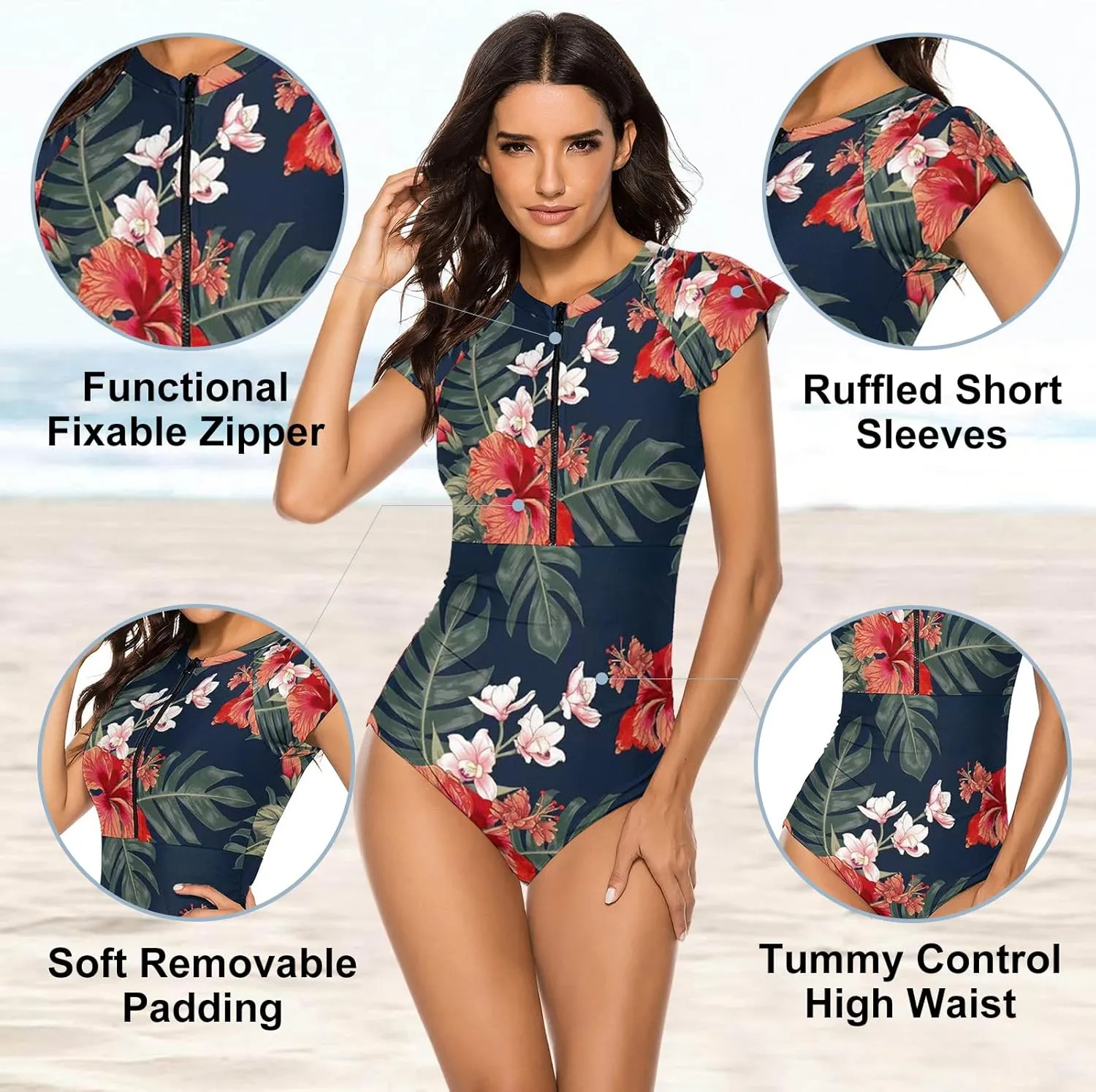 Wolddress Women Modest One Piece Bathing Suit Short Sleeve Tummy Control Swimsuit Zipper Surfing Athletic Rash Guard