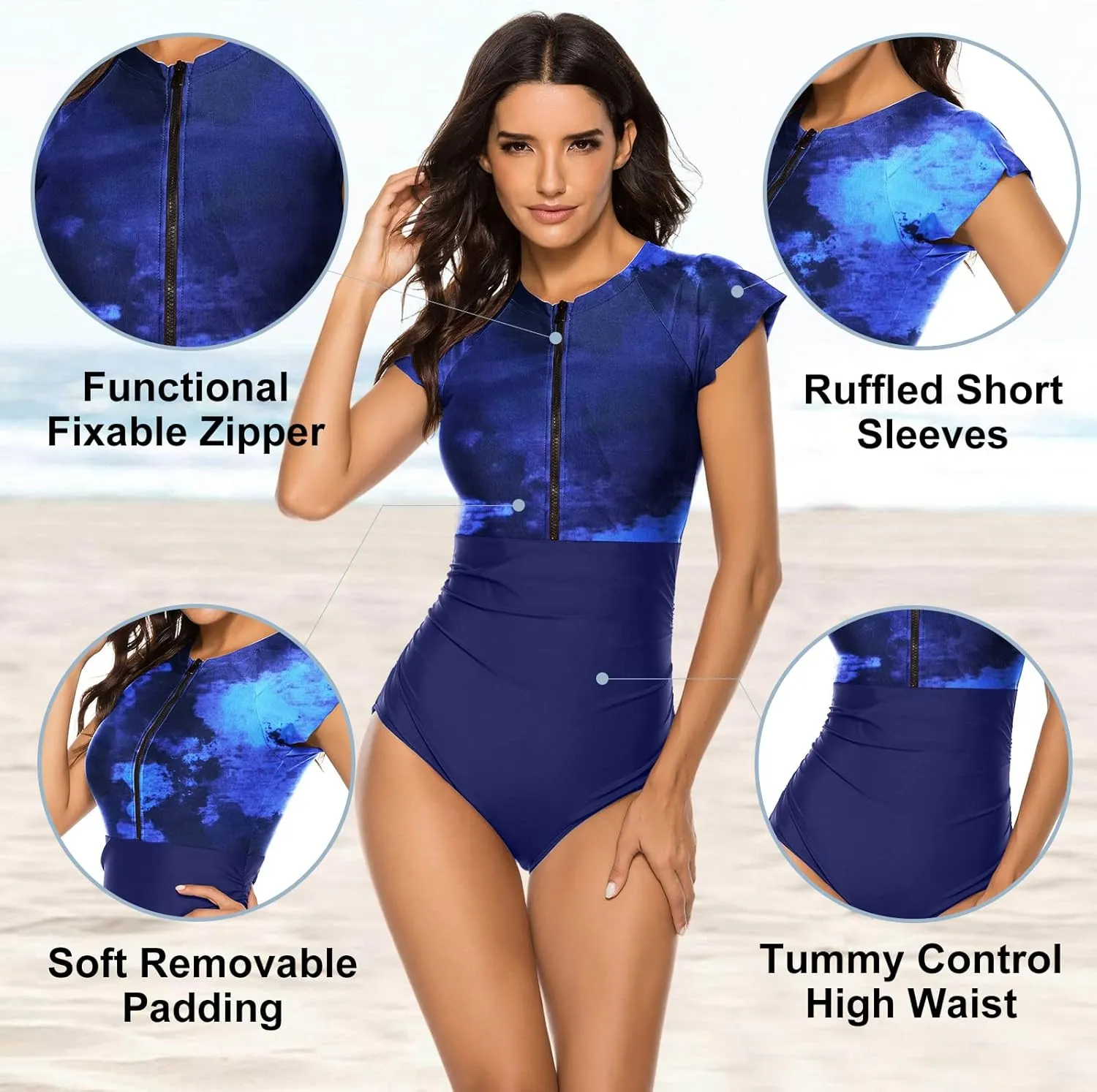 Wolddress Women Modest One Piece Bathing Suit Short Sleeve Tummy Control Swimsuit Zipper Surfing Athletic Rash Guard
