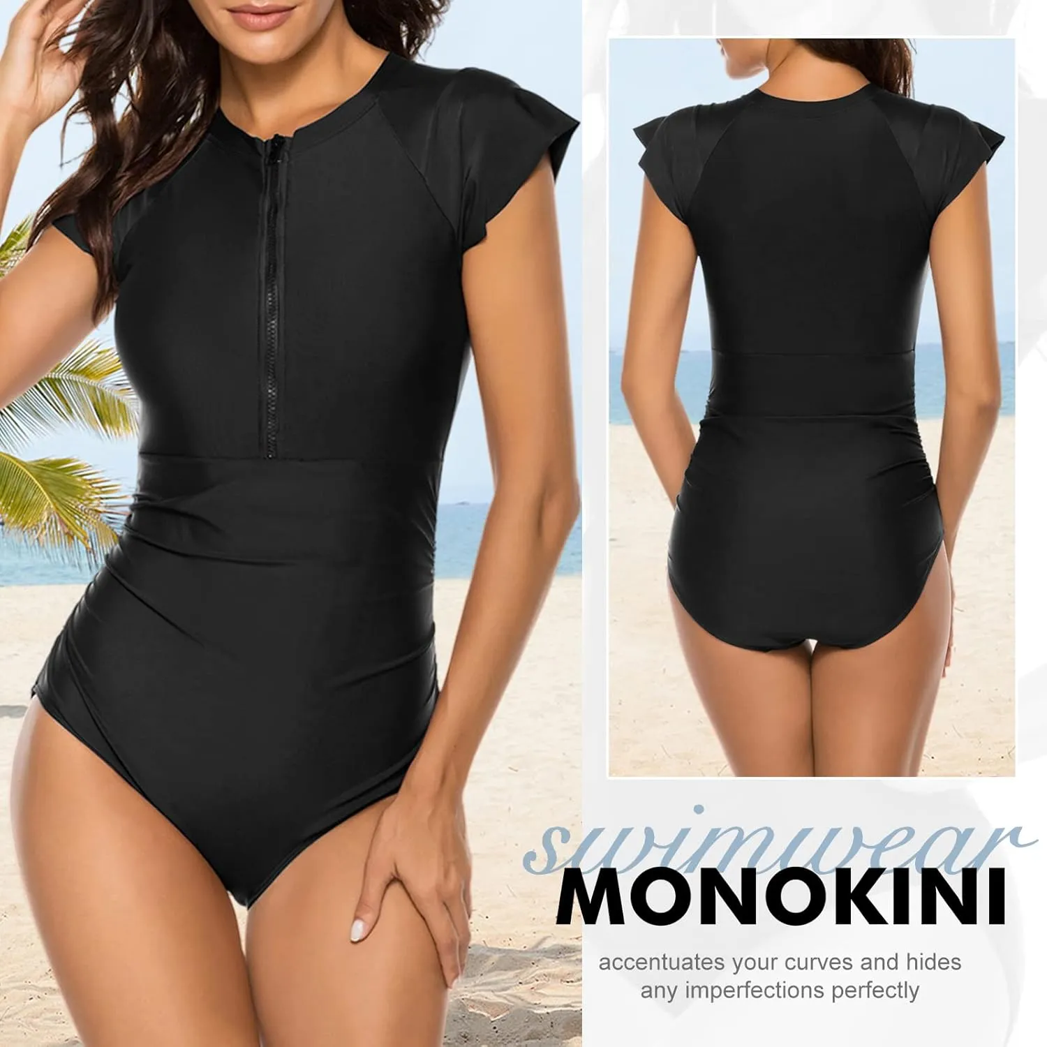Wolddress Women Modest One Piece Bathing Suit Short Sleeve Tummy Control Swimsuit Zipper Surfing Athletic Rash Guard