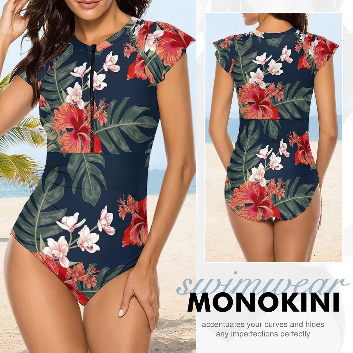 Wolddress Women Modest One Piece Bathing Suit Short Sleeve Tummy Control Swimsuit Zipper Surfing Athletic Rash Guard