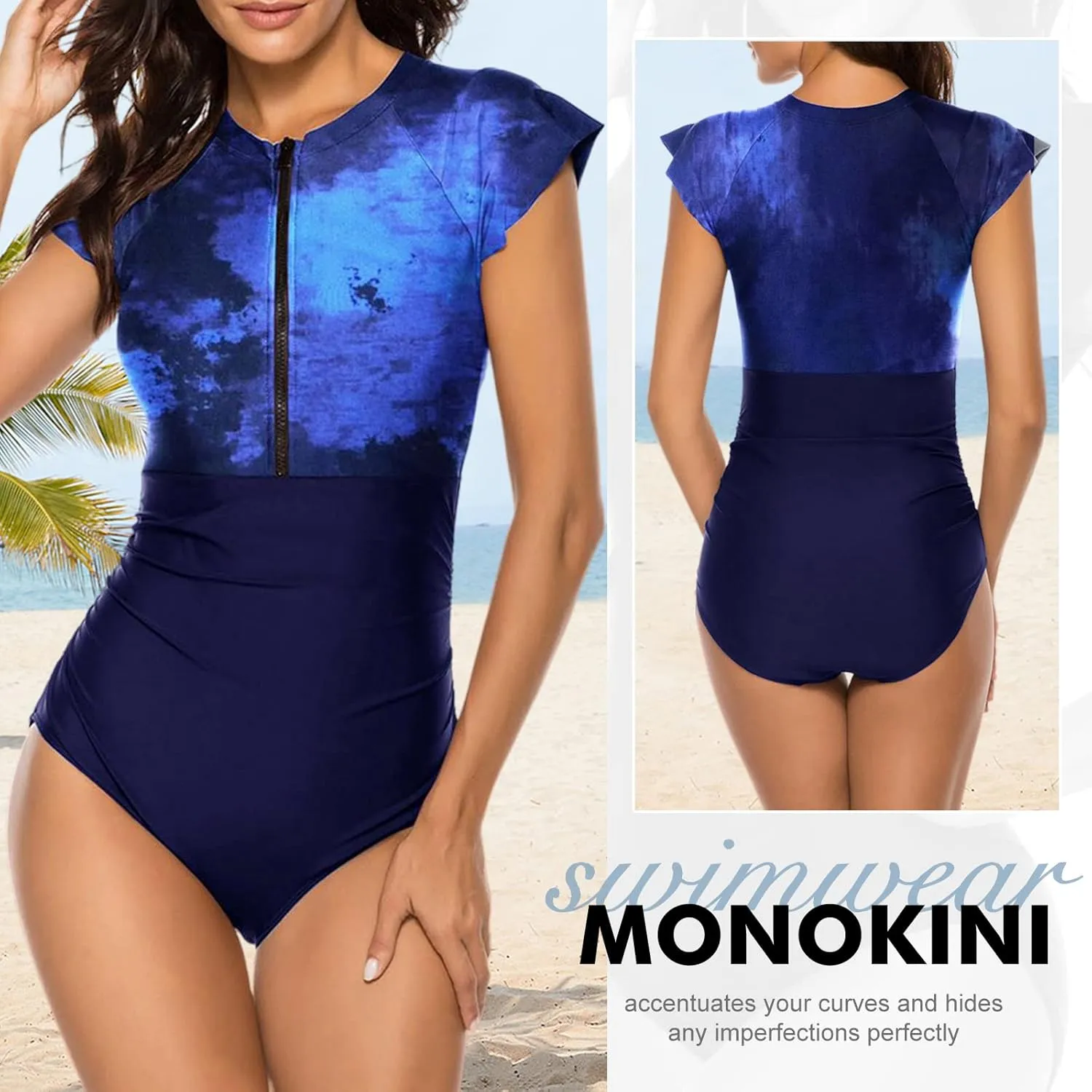 Wolddress Women Modest One Piece Bathing Suit Short Sleeve Tummy Control Swimsuit Zipper Surfing Athletic Rash Guard