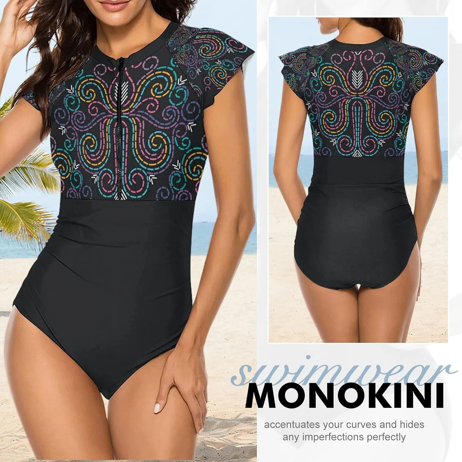 Wolddress Women Modest One Piece Bathing Suit Short Sleeve Tummy Control Swimsuit Zipper Surfing Athletic Rash Guard