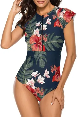 Wolddress Women Modest One Piece Bathing Suit Short Sleeve Tummy Control Swimsuit Zipper Surfing Athletic Rash Guard