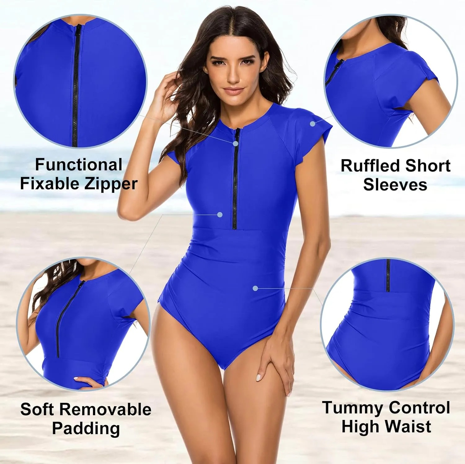Wolddress Women Modest One Piece Bathing Suit Short Sleeve Tummy Control Swimsuit Zipper Surfing Athletic Rash Guard