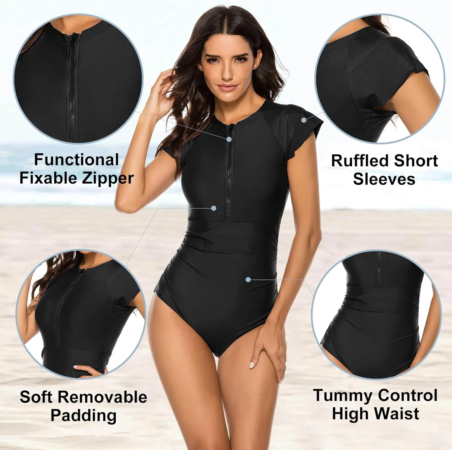 Wolddress Women Modest One Piece Bathing Suit Short Sleeve Tummy Control Swimsuit Zipper Surfing Athletic Rash Guard