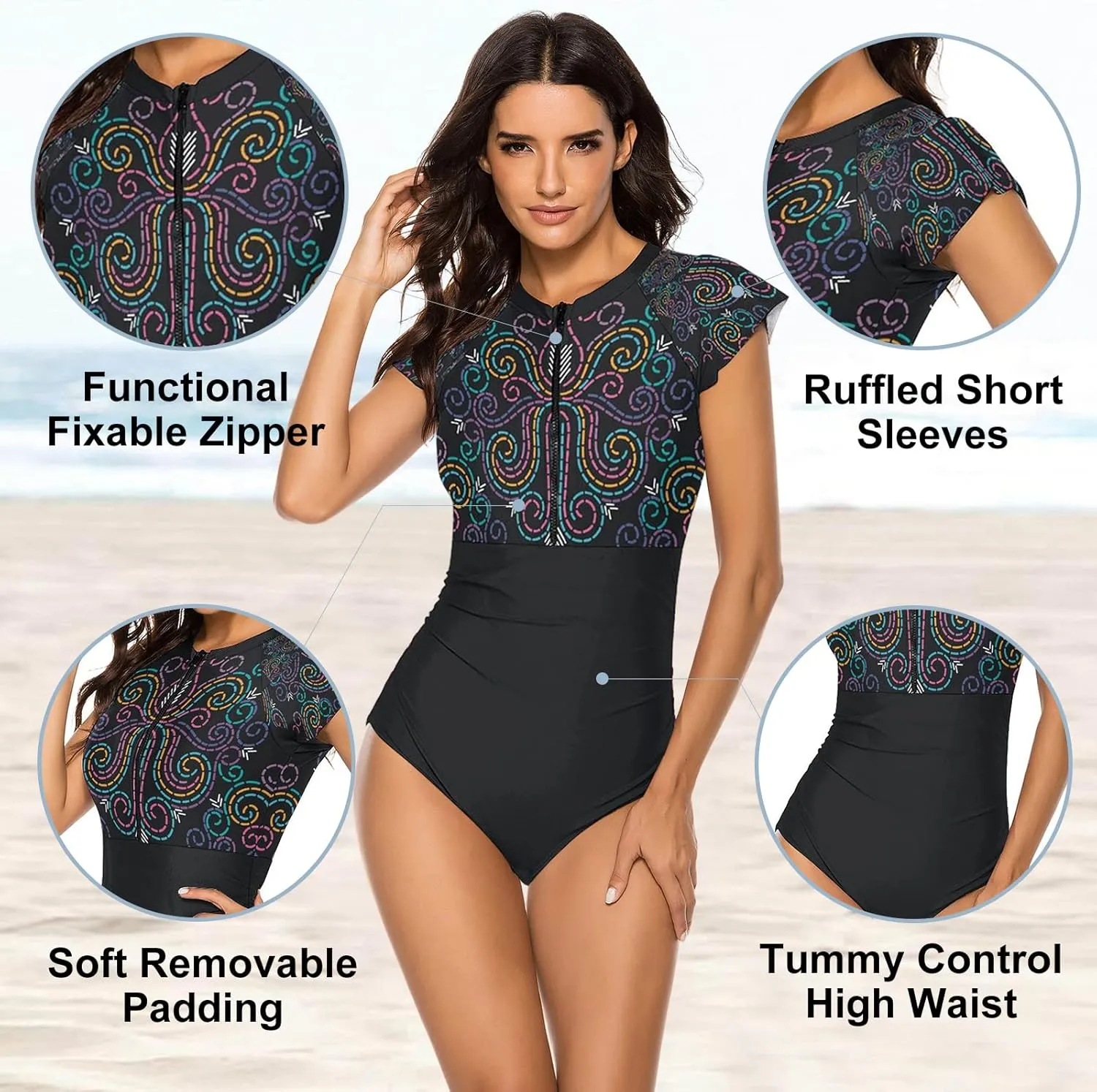 Wolddress Women Modest One Piece Bathing Suit Short Sleeve Tummy Control Swimsuit Zipper Surfing Athletic Rash Guard