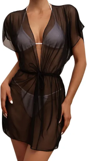 Women Beach Bikini Cover Up Mesh Swimwear Dress Sheer Swimsuit V Neck Sundress Beachwear Coverup for Summer Holidays