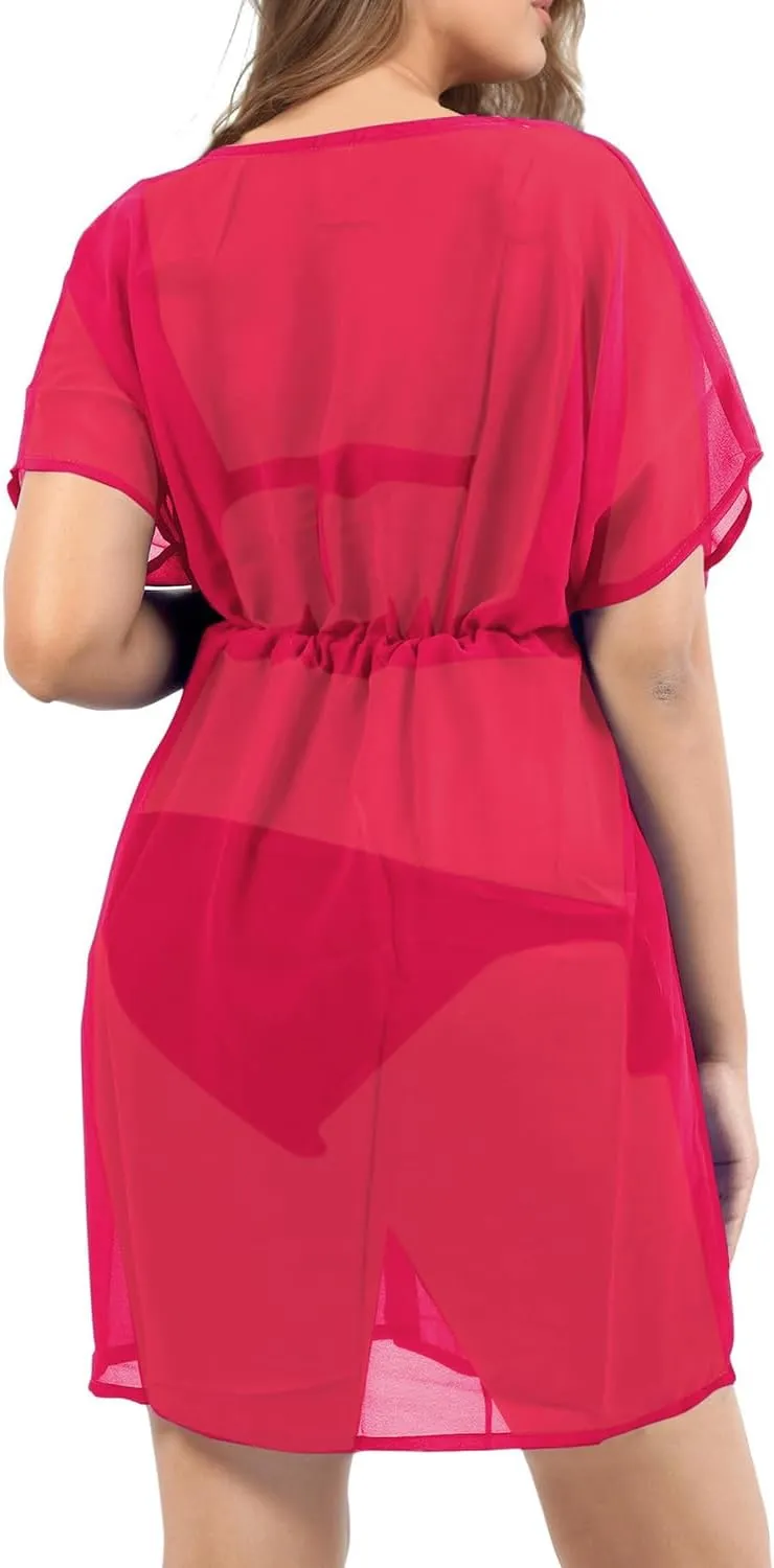 Women Beach Bikini Cover Up Mesh Swimwear Dress Sheer Swimsuit V Neck Sundress Beachwear Coverup for Summer Holidays